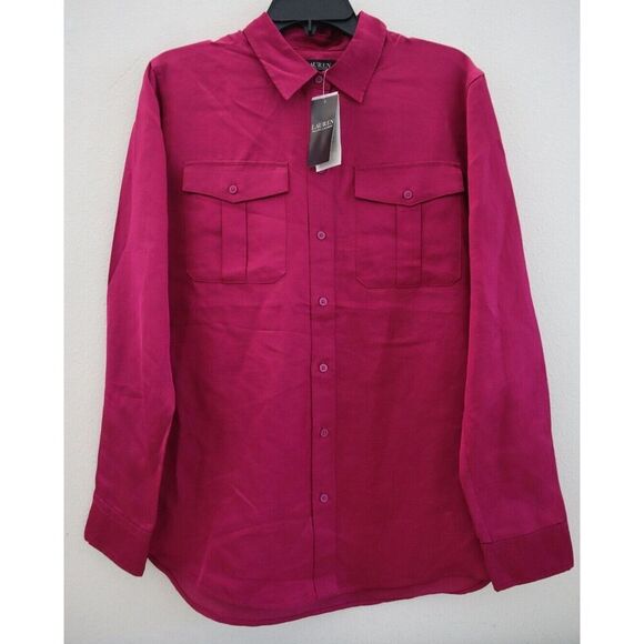 Lauren Ralph Lauren Women's Sz Large Fuchsia Berry Satin Shantung L/S Shirt - Picture 1 of 9